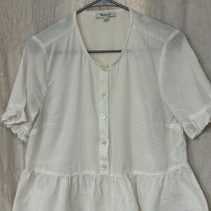 Madewell Womans Round Neck Short Ruffle Sleeve Button Peasant Shirt White Size S